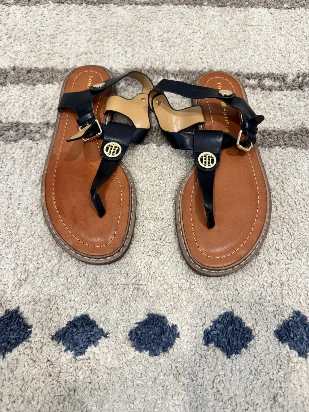 Tommy Hilfiger Black and Brown Leather T-Strap Sandals with Gold Logo